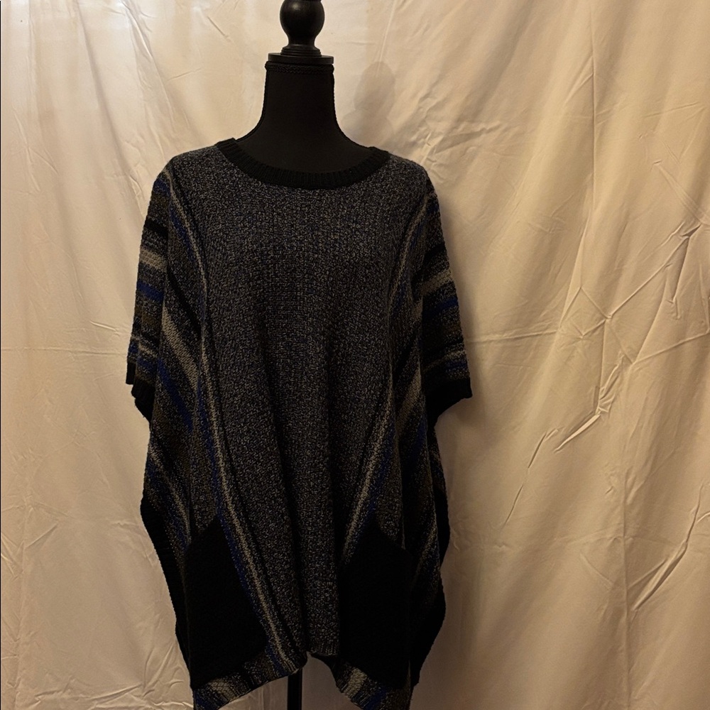 Women's Black and Blue Knit Poncho